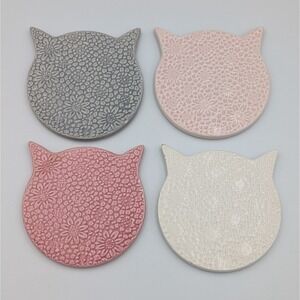 Ceramic Cat Shaped Coasters Set of 4 Floral Embossed Textured Pink Gray White